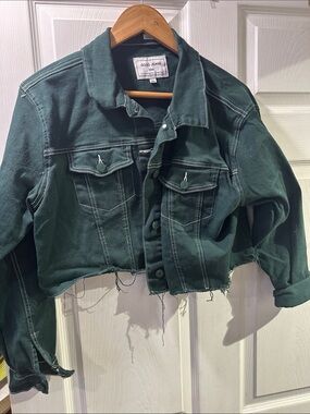 GOGO Dark Green Cropped Denim Jacket with Raw Hem